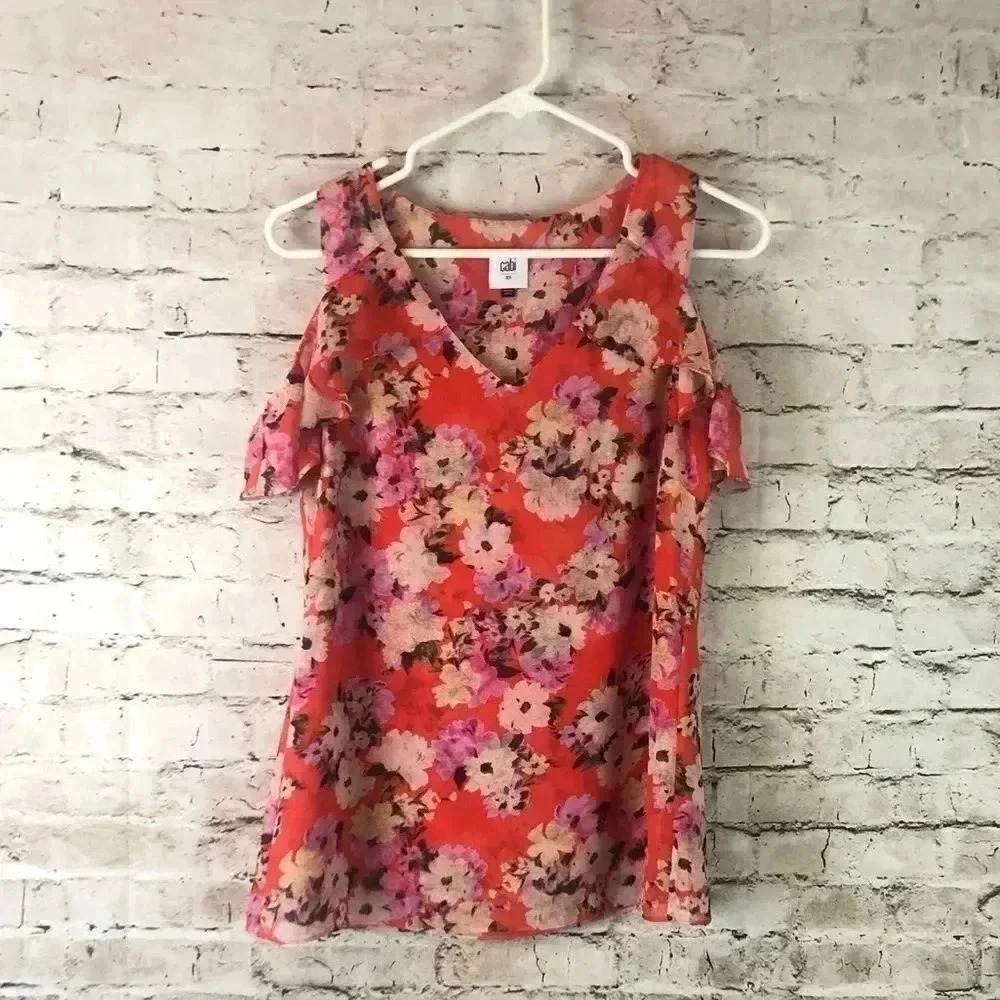 Women's CAbi Cold Shoulder Floral Lush Blouse XS - Picture 2 of 10
